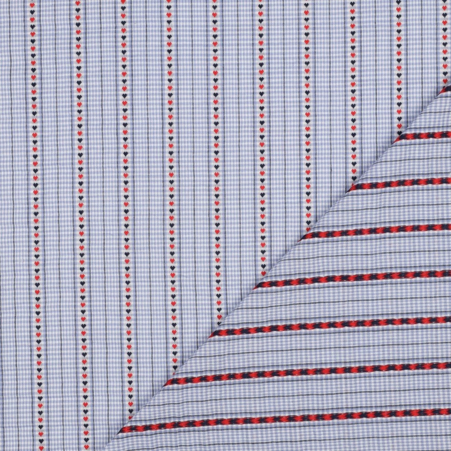 Baumwollstoff mit Vichykaros und Jacquard-Herzen - Hellblau, Oeko-Tex Zertifiziert (Meterware)
