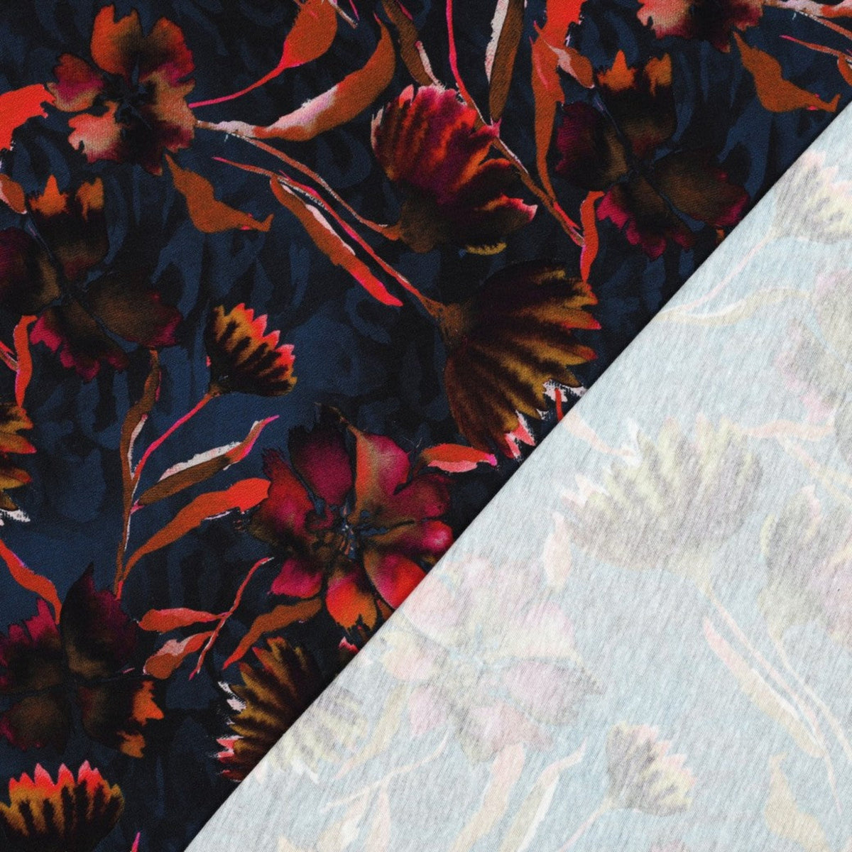Cotton jersey with autumnal floral pattern - Navy blue, OEKO-TEX® certified (fabric by the metre)
