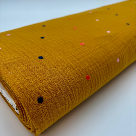 Baumwoll-Musselin mit Punktstickerei – Ocker, OEKO-TEX® zertifiziert (Meterware)