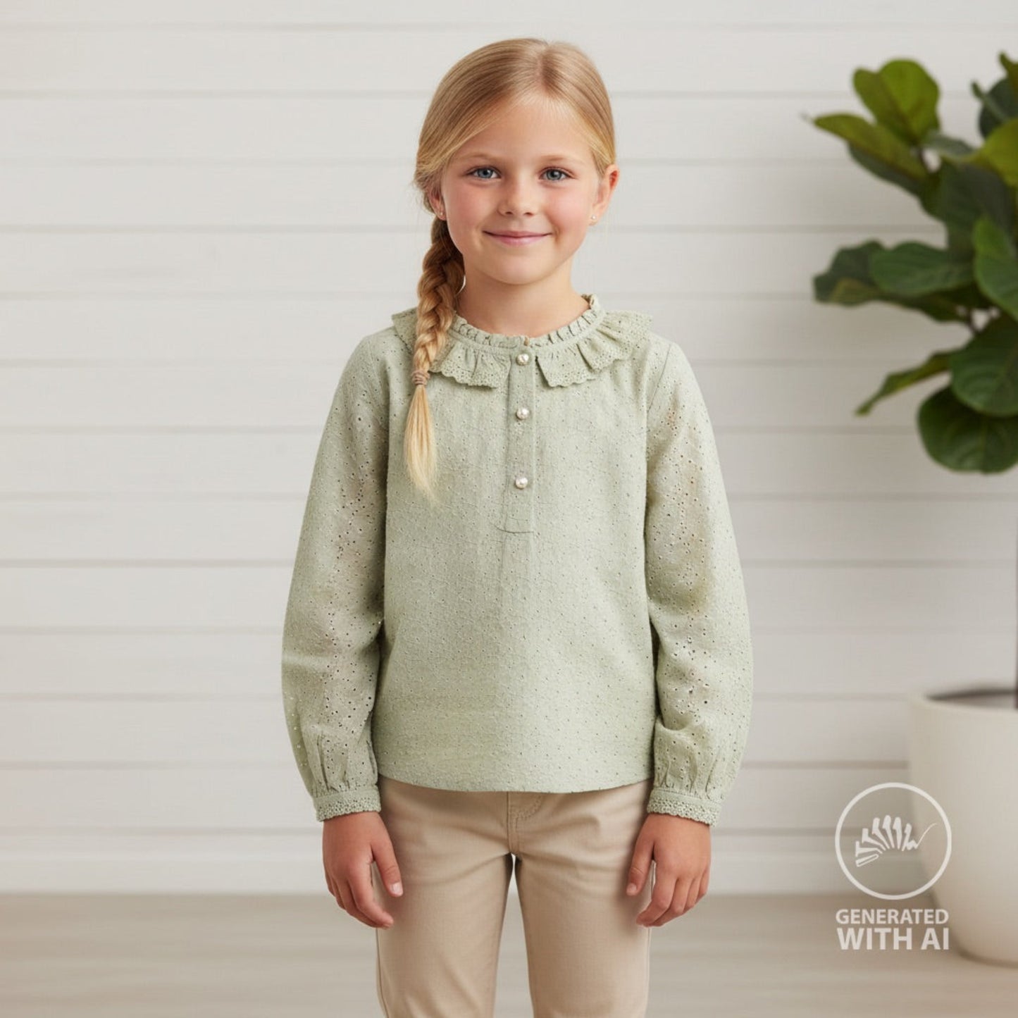 Baumwollstoff mit Floraler Lochstickerei – Grün Broderie Anglaise mit Bogenkante (Meterware)