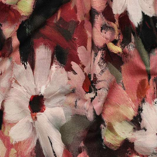 French Terry Sweatstoff / Sommersweat - Bordeauxrot mit Abstraktem Blumenmuster, OEKO-TEX® zertifiziert (Meterware)