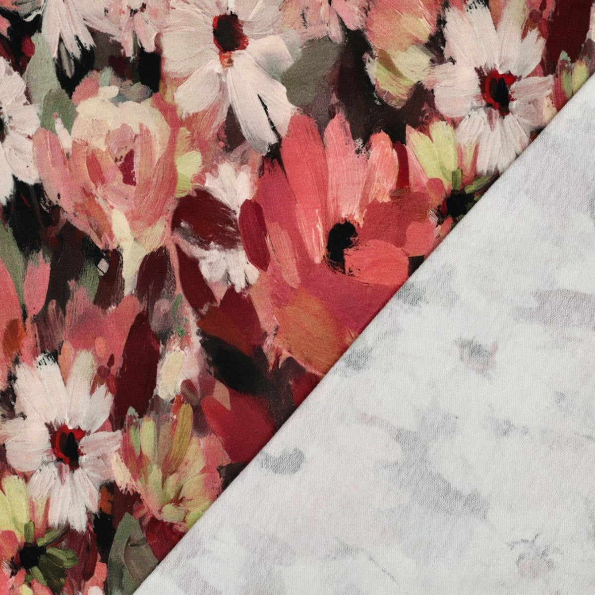 French Terry Sweatstoff / Sommersweat - Bordeauxrot mit Abstraktem Blumenmuster, OEKO-TEX® zertifiziert (Meterware)