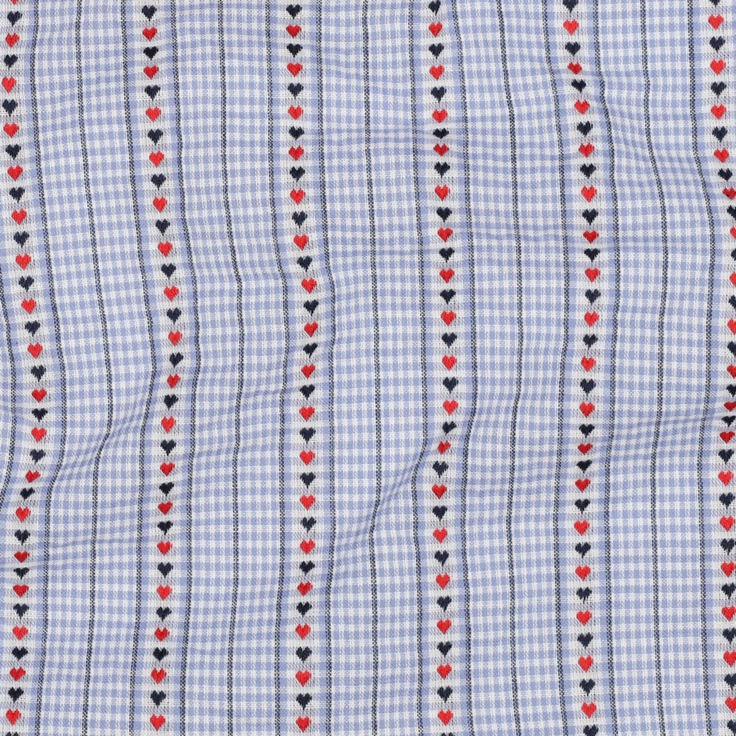 Baumwollstoff mit Vichykaros und Jacquard-Herzen - Hellblau, Oeko-Tex Zertifiziert (Meterware)