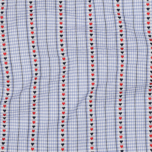 Baumwollstoff mit Vichykaros und Jacquard-Herzen - Hellblau, Oeko-Tex Zertifiziert (Meterware)