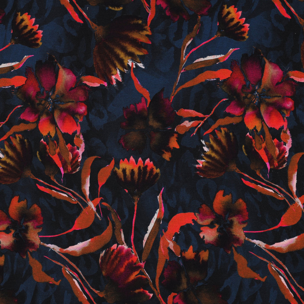 Cotton jersey with autumnal floral pattern - Navy blue, OEKO-TEX® certified (fabric by the metre)