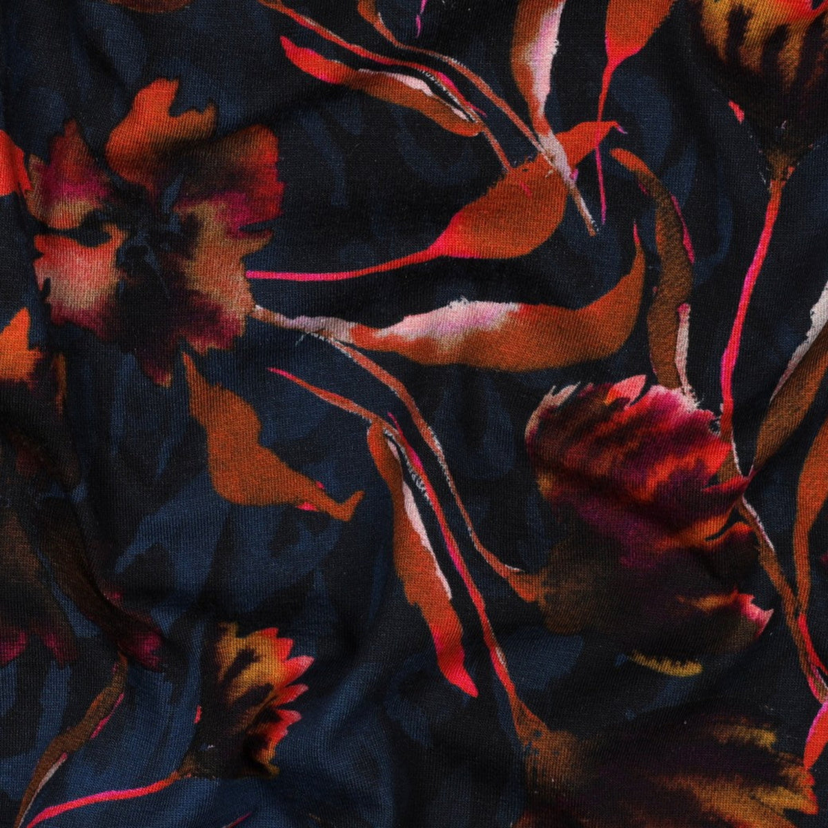 Cotton jersey with autumnal floral pattern - Navy blue, OEKO-TEX® certified (fabric by the metre)