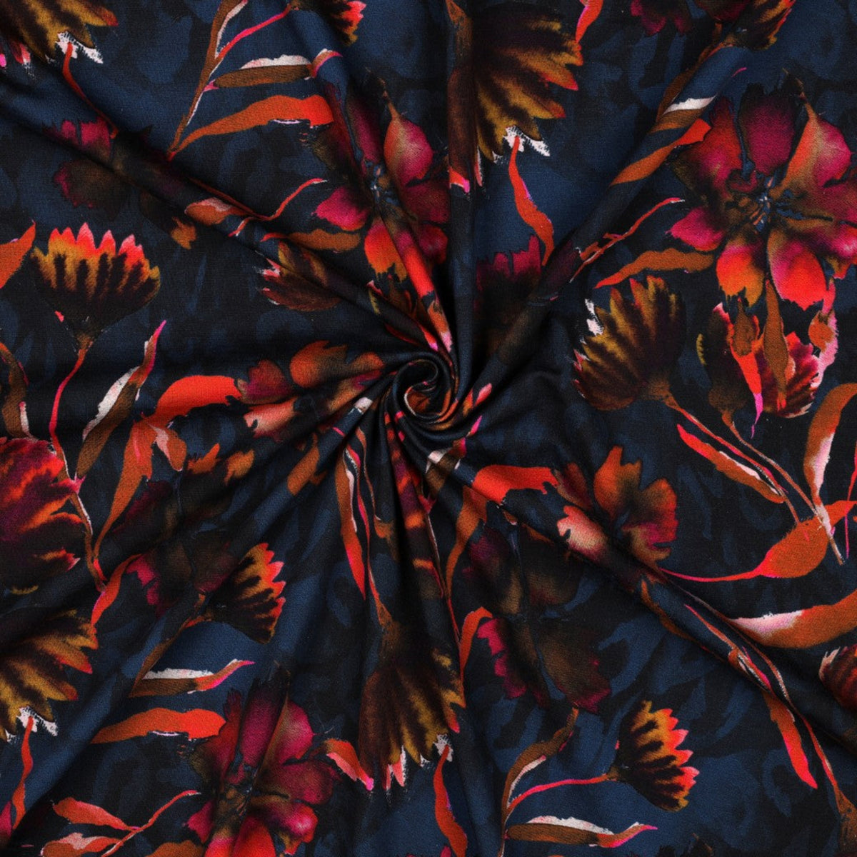 Cotton jersey with autumnal floral pattern - Navy blue, OEKO-TEX® certified (fabric by the metre)