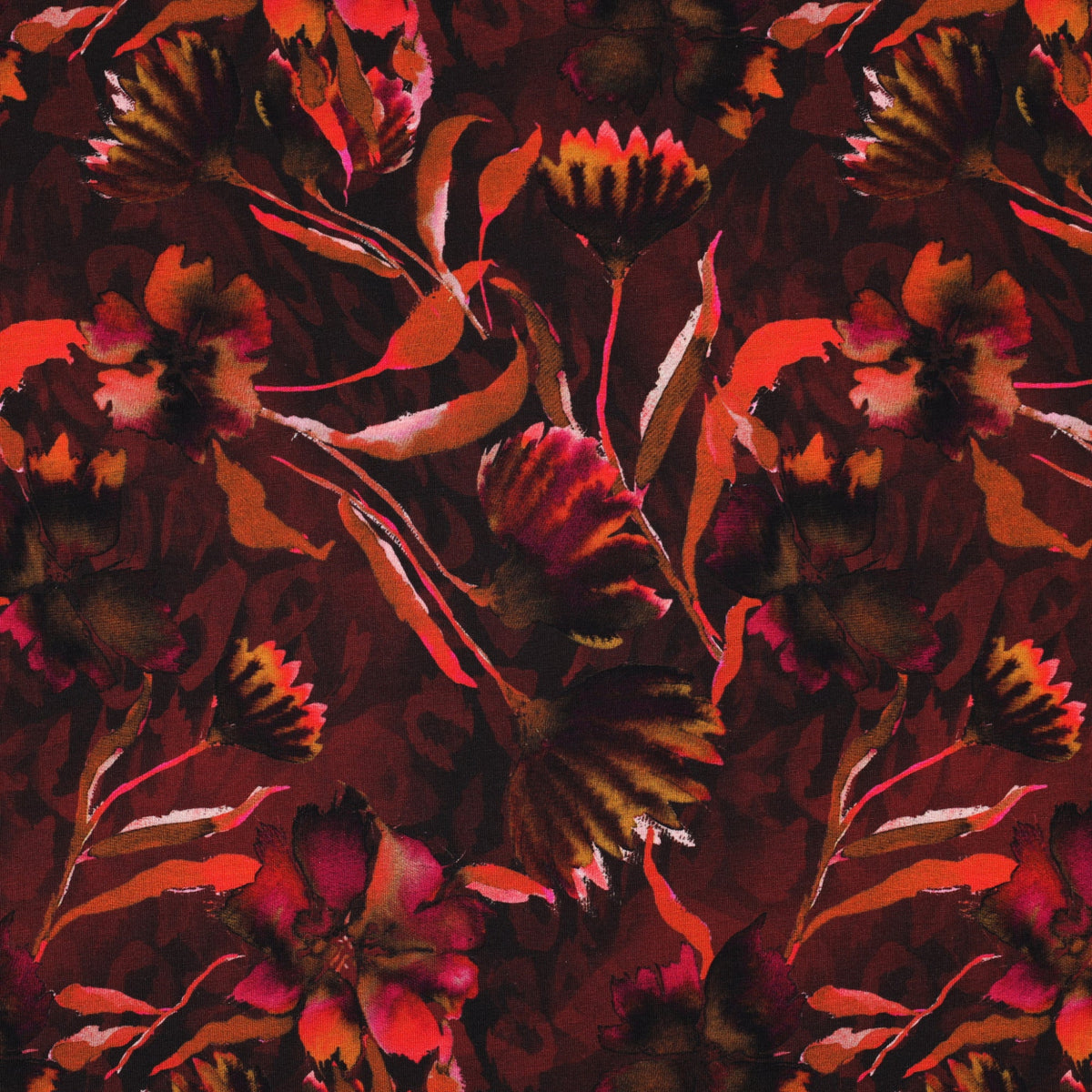 Baumwolljersey mit herbstlichem Blumenmuster - Weinrot, OEKO-TEX® zertifiziert (Meterware)
