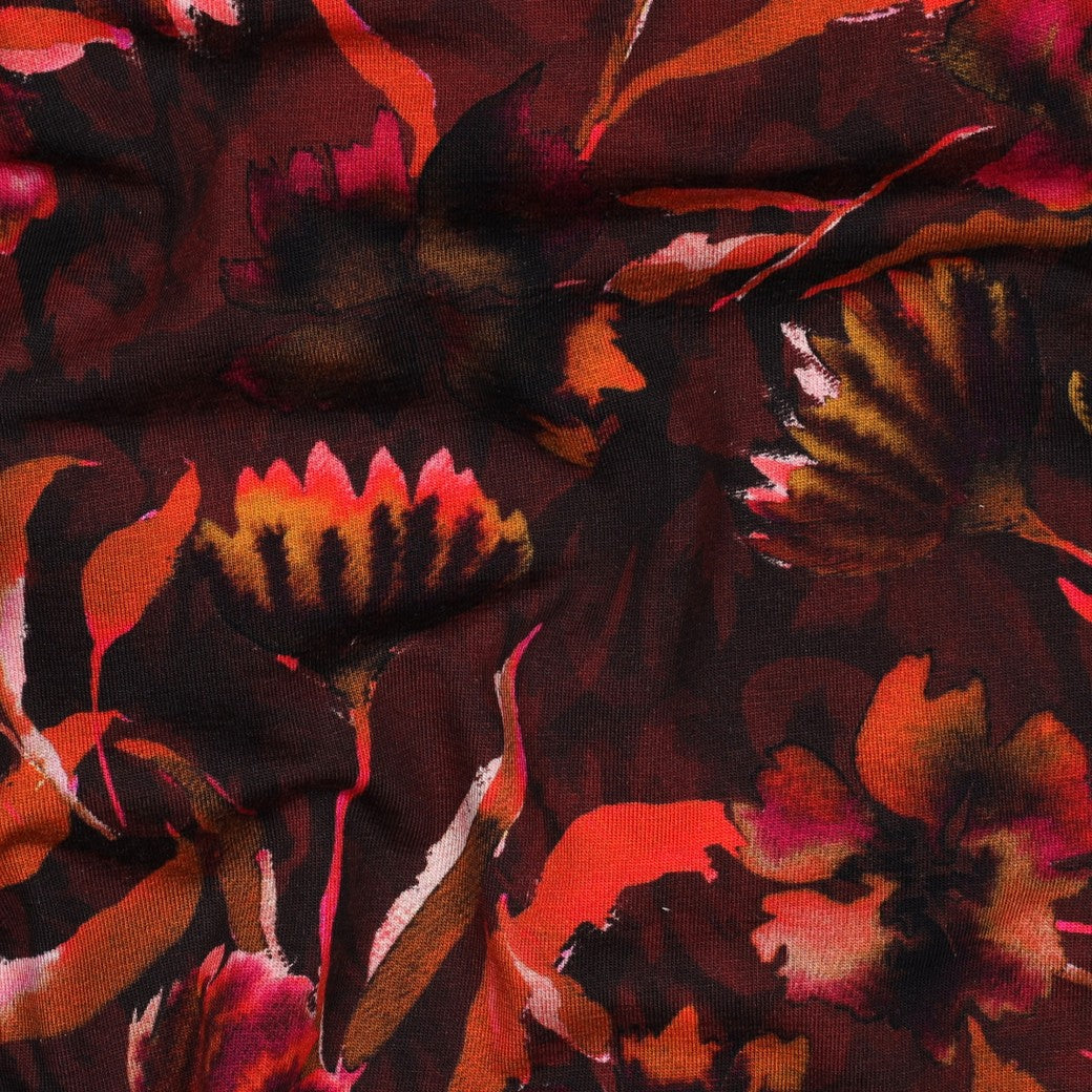 Baumwolljersey mit herbstlichem Blumenmuster - Weinrot, OEKO-TEX® zertifiziert (Meterware)