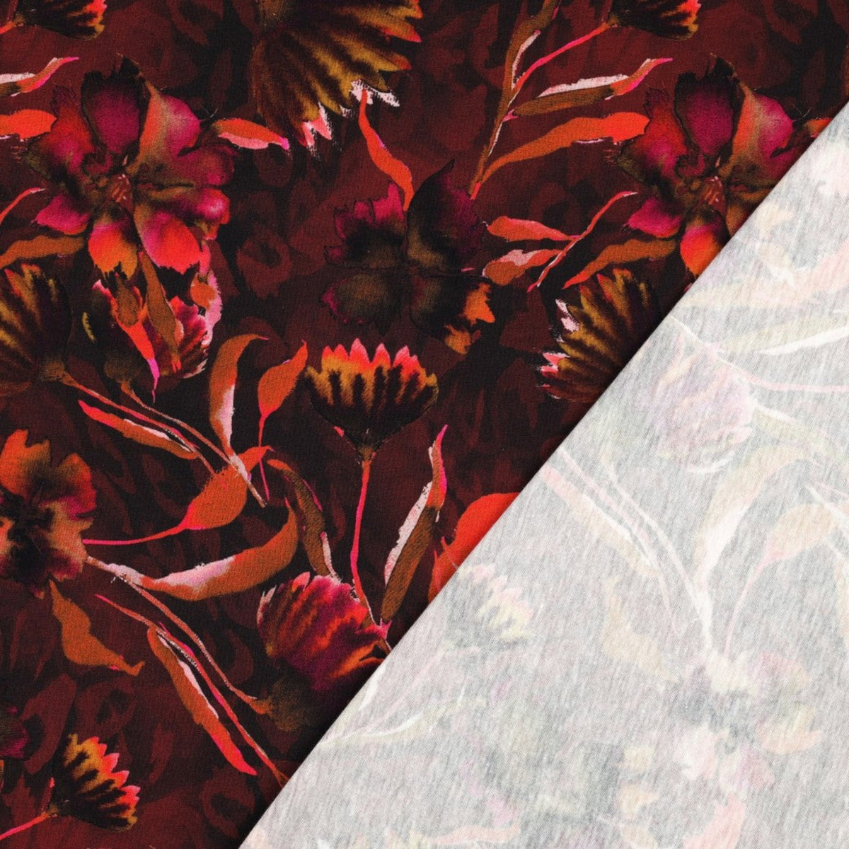 Baumwolljersey mit herbstlichem Blumenmuster - Weinrot, OEKO-TEX® zertifiziert (Meterware)