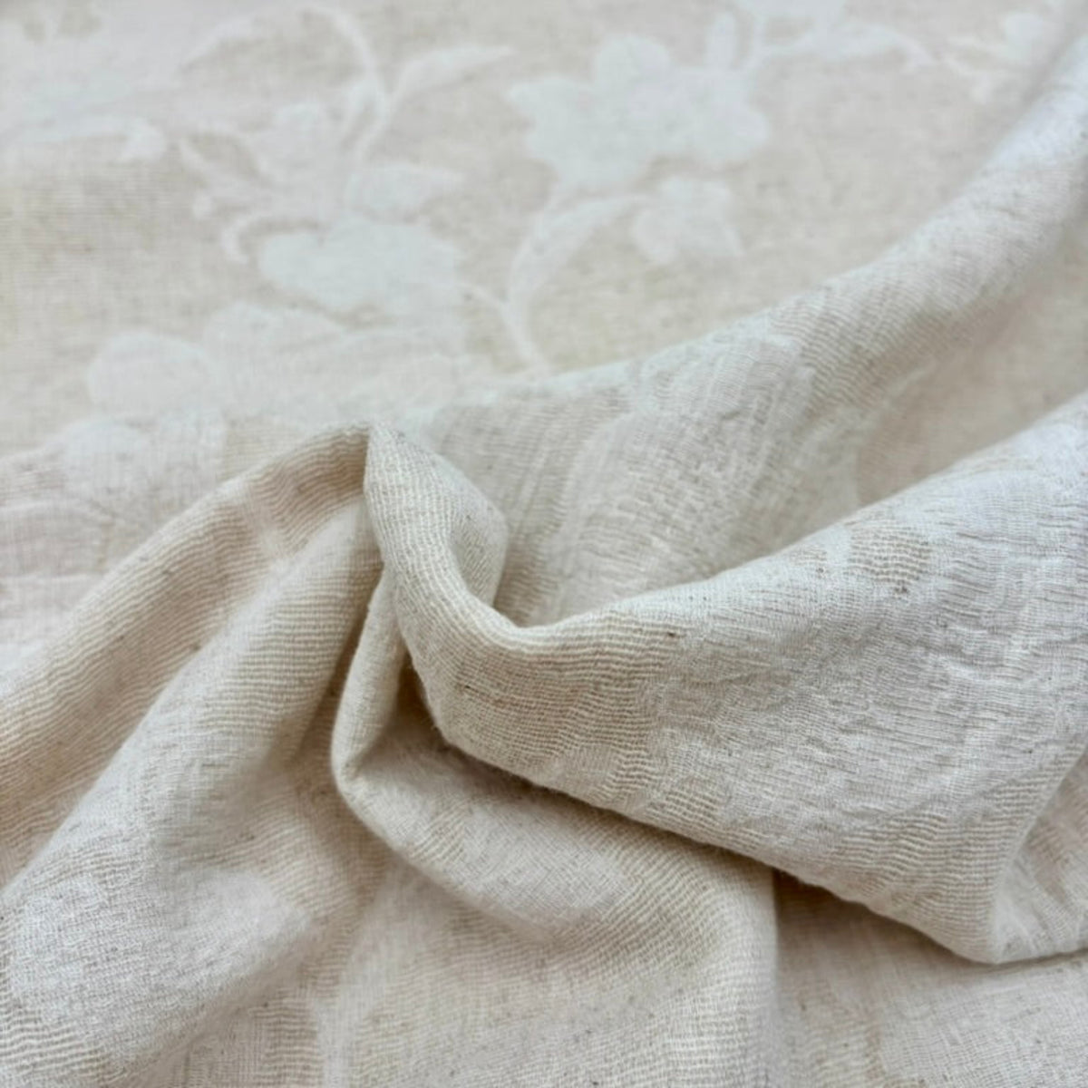 Cotton Linen Floral Jacquard Fabric - Natural (Per Meter)
