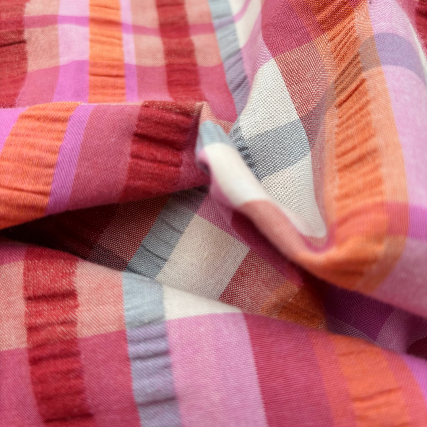 Baumwollstoff Seersucker Garngefärbt Karos - Rosa, Oeko-Tex Zertifiziert (Meterware)