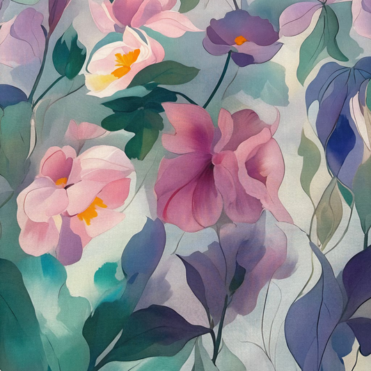 Viskosestoff mit floralem Aquarellmuster - Grün & Rosa (Meterware)