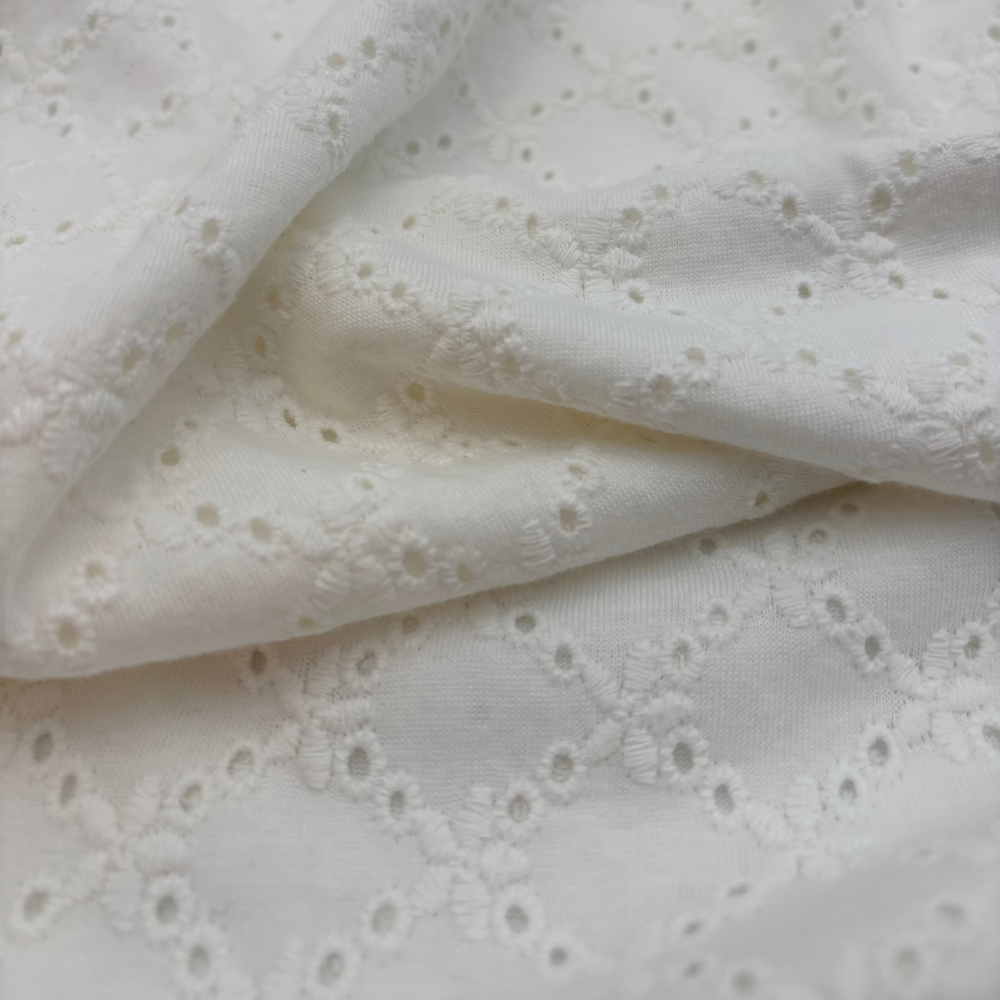 Baumwolljersey mit Lochstickerei, Broderie Anglaise – 100% Baumwolle, Wollweiß (Meterware)