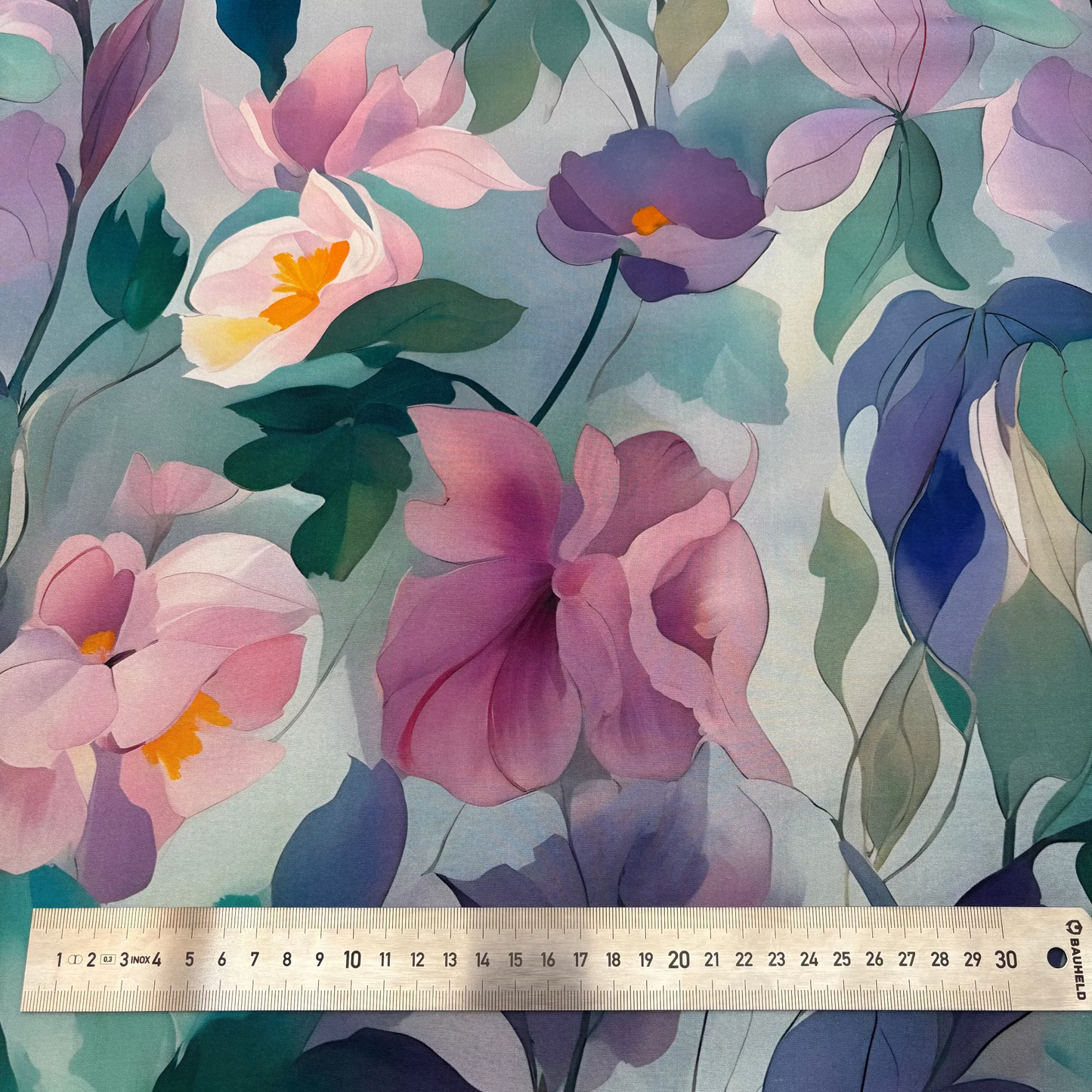 Viskosestoff mit floralem Aquarellmuster - Grün & Rosa (Meterware)