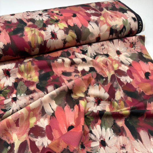 French Terry Sweatstoff / Sommersweat - Bordeauxrot mit Abstraktem Blumenmuster, OEKO-TEX® zertifiziert (Meterware)