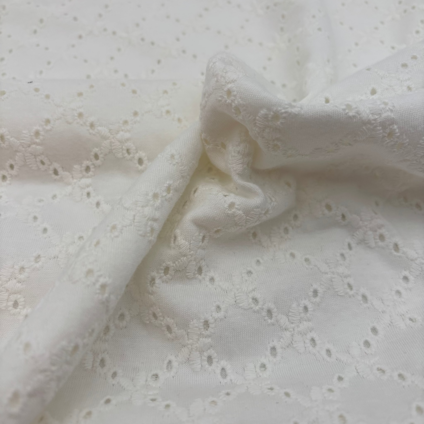 Baumwolljersey mit Lochstickerei, Broderie Anglaise – 100% Baumwolle, Wollweiß (Meterware)