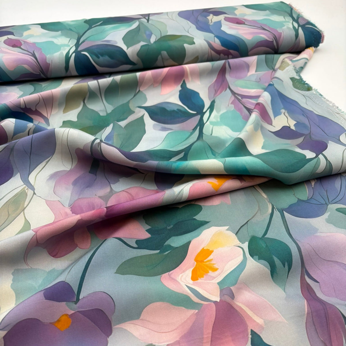 Viskosestoff mit floralem Aquarellmuster - Grün & Rosa (Meterware)