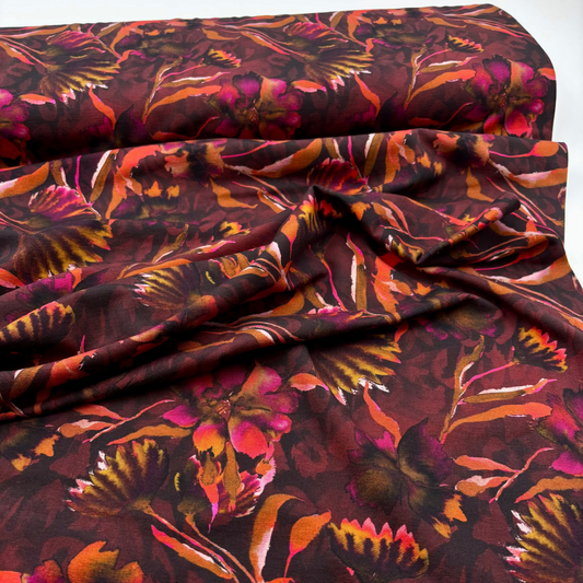 Baumwolljersey mit herbstlichem Blumenmuster - Weinrot, OEKO-TEX® zertifiziert (Meterware)