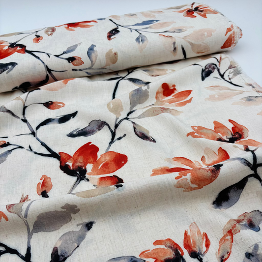 Viskose-Leinen Stoff mit Floralem Blattmuster – Beige mit Herbstfarben (Meterware)