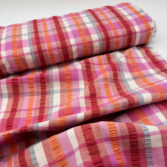 Baumwollstoff Seersucker Garngefärbt Karos - Rosa, Oeko-Tex Zertifiziert (Meterware)
