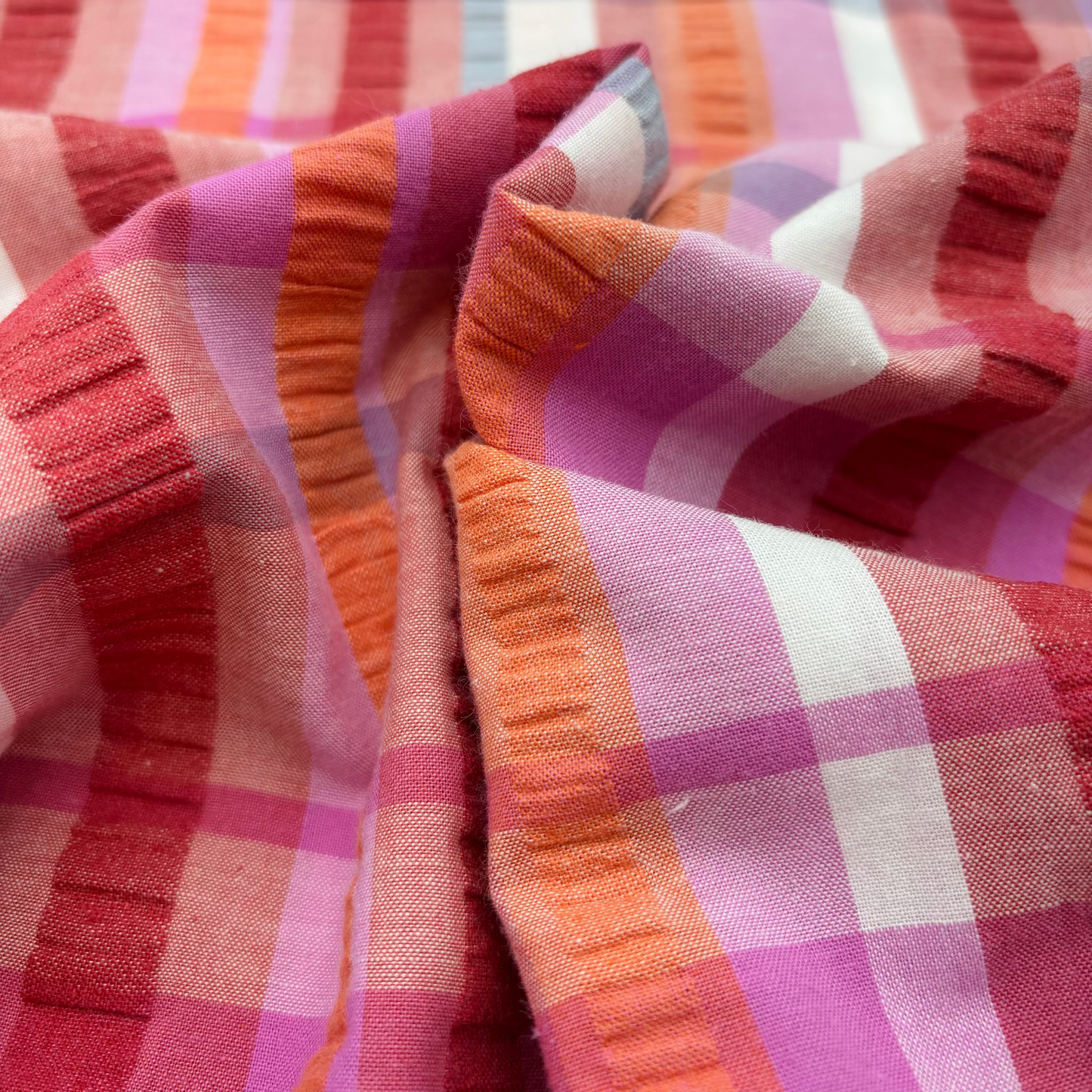 Baumwollstoff Seersucker Garngefärbt Karos - Rosa, Oeko-Tex Zertifiziert (Meterware)
