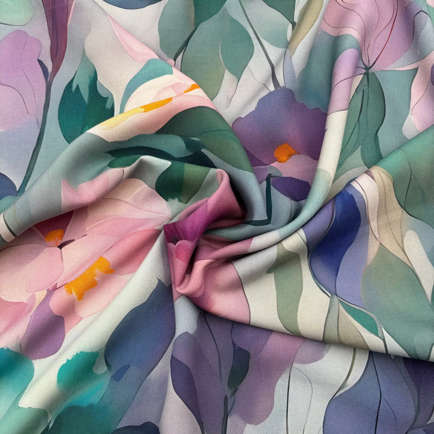 Viskosestoff mit floralem Aquarellmuster - Grün & Rosa (Meterware)