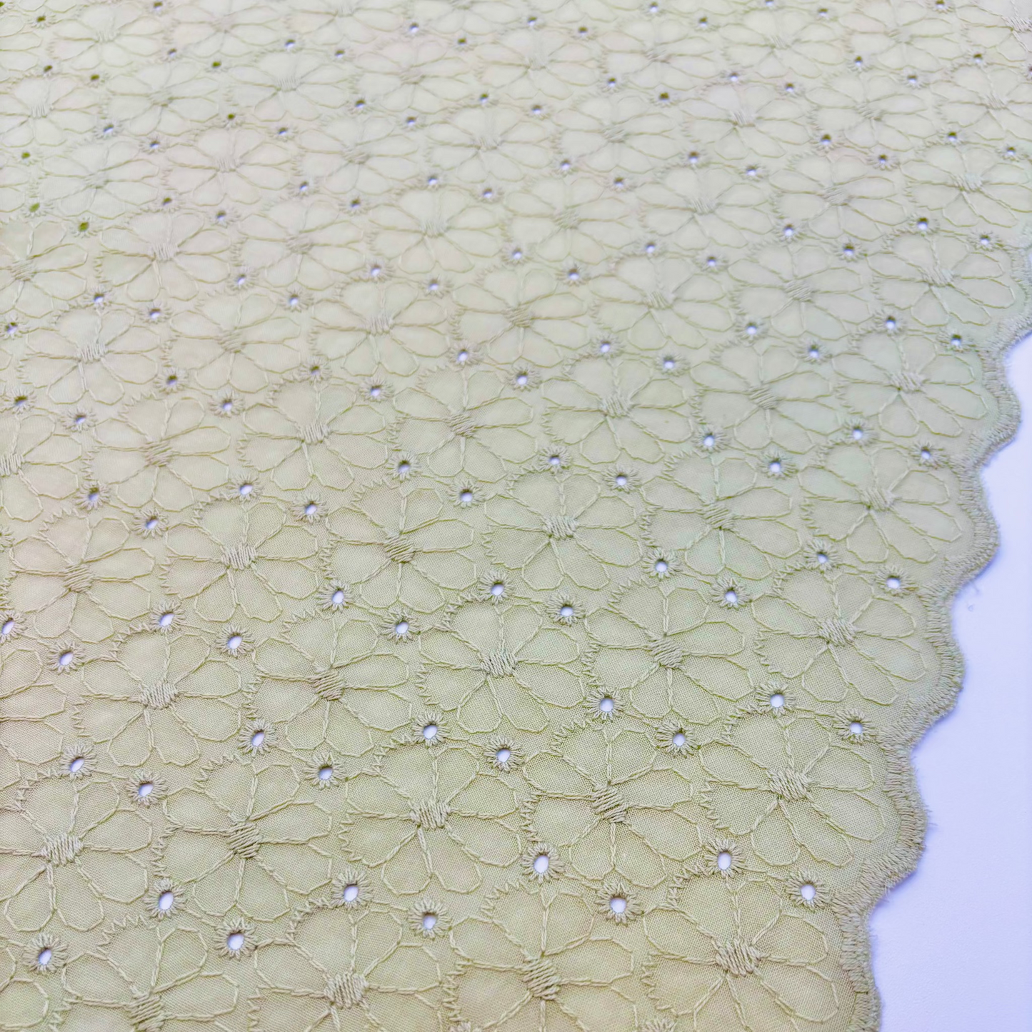 Baumwollstoff mit Floraler Lochstickerei – Grün Broderie Anglaise mit Bogenkante (Meterware)