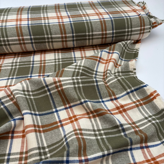 Garngefärbter, angerauter Baumwollstoff mit Karomuster - Olivgrün, OEKO-TEX® zertifiziert (Meterware)
