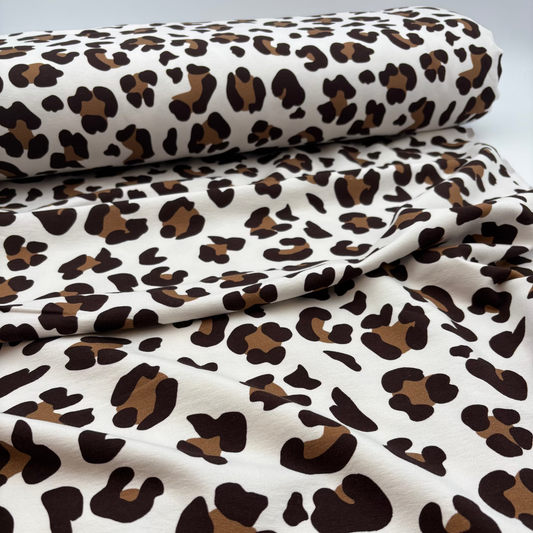 French Terry Sweatstoff Leopard Print / Sommersweat – Wollweiß, Oeko-Tex Zertifiziert (Meterware)