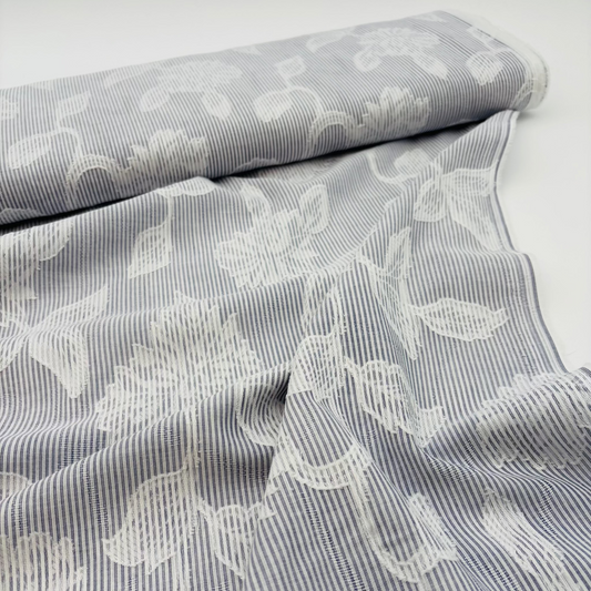 Baumwollstoff Garngefärbt Streifen Jacquard Blumen - Marineblau, Oeko-Tex Zertifiziert (Meterware)