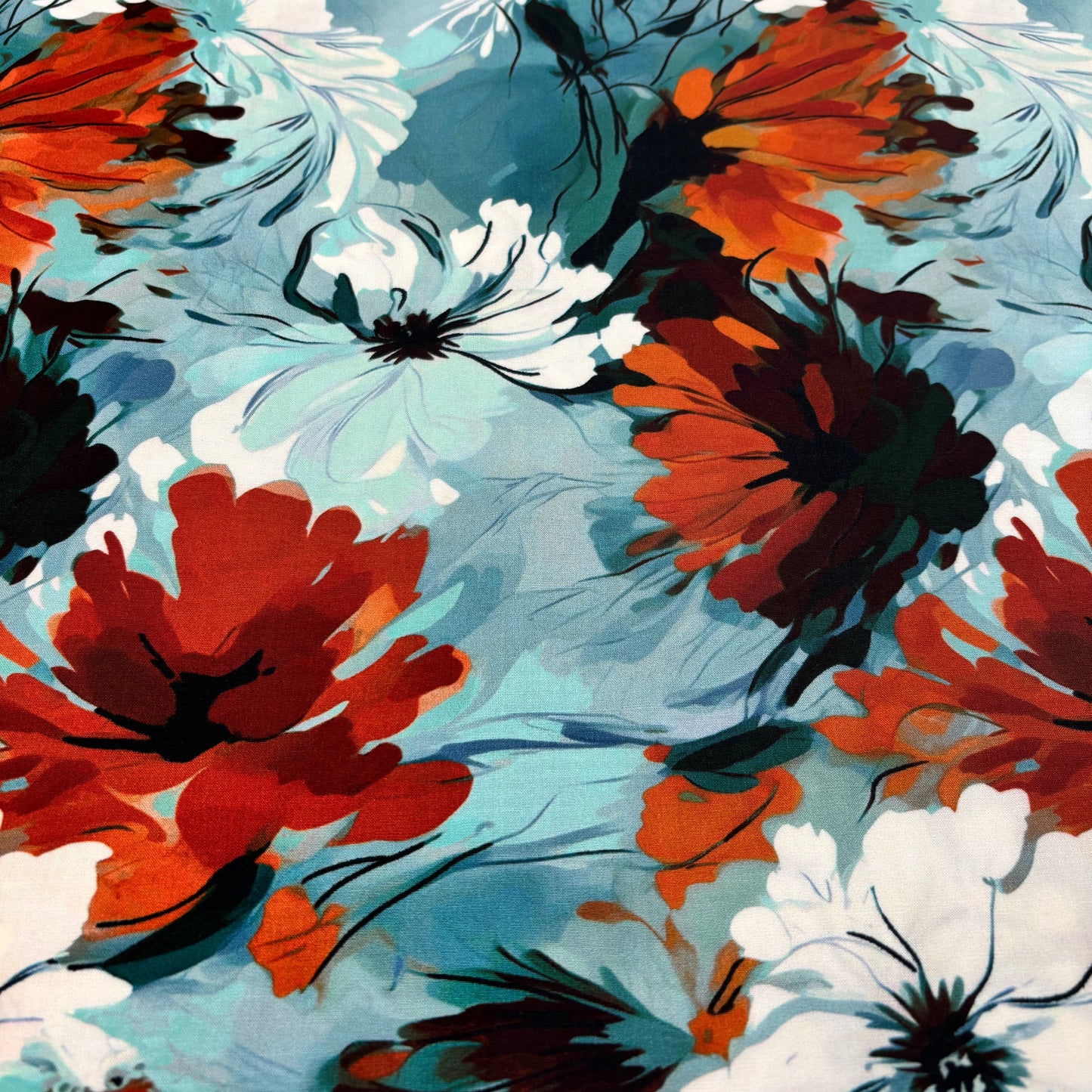 Rayonstoff - blau mit gebranntorangem Blumenmuster (Meterware)
