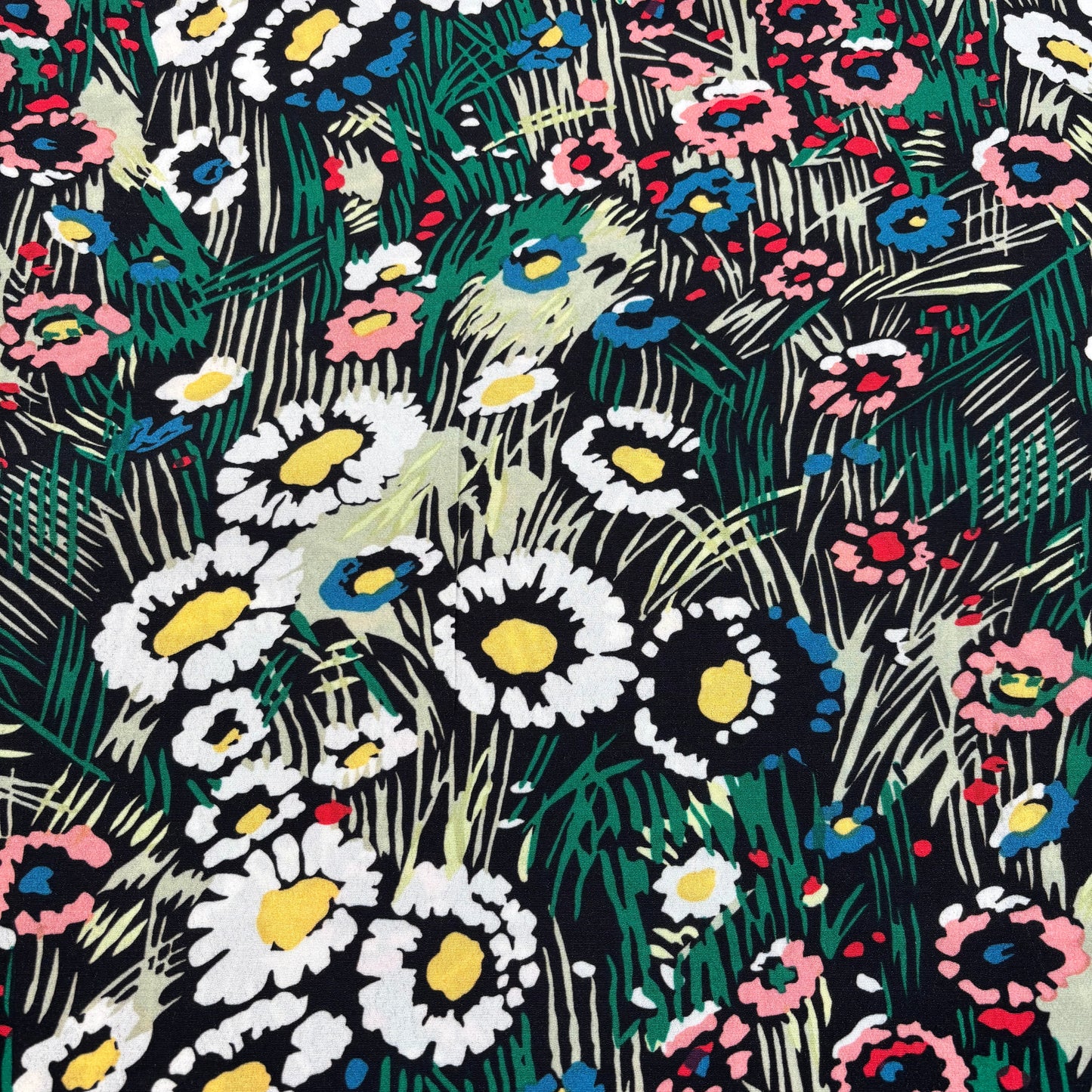 Deadstock-Viskosekreppstoff mit floralem Muster – Schwarz (Meterware aus Italien)