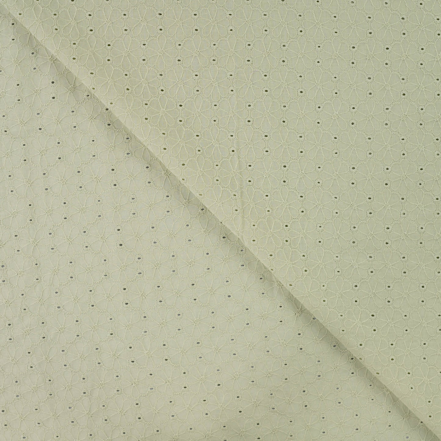 Baumwollstoff mit Floraler Lochstickerei – Grün Broderie Anglaise mit Bogenkante (Meterware)