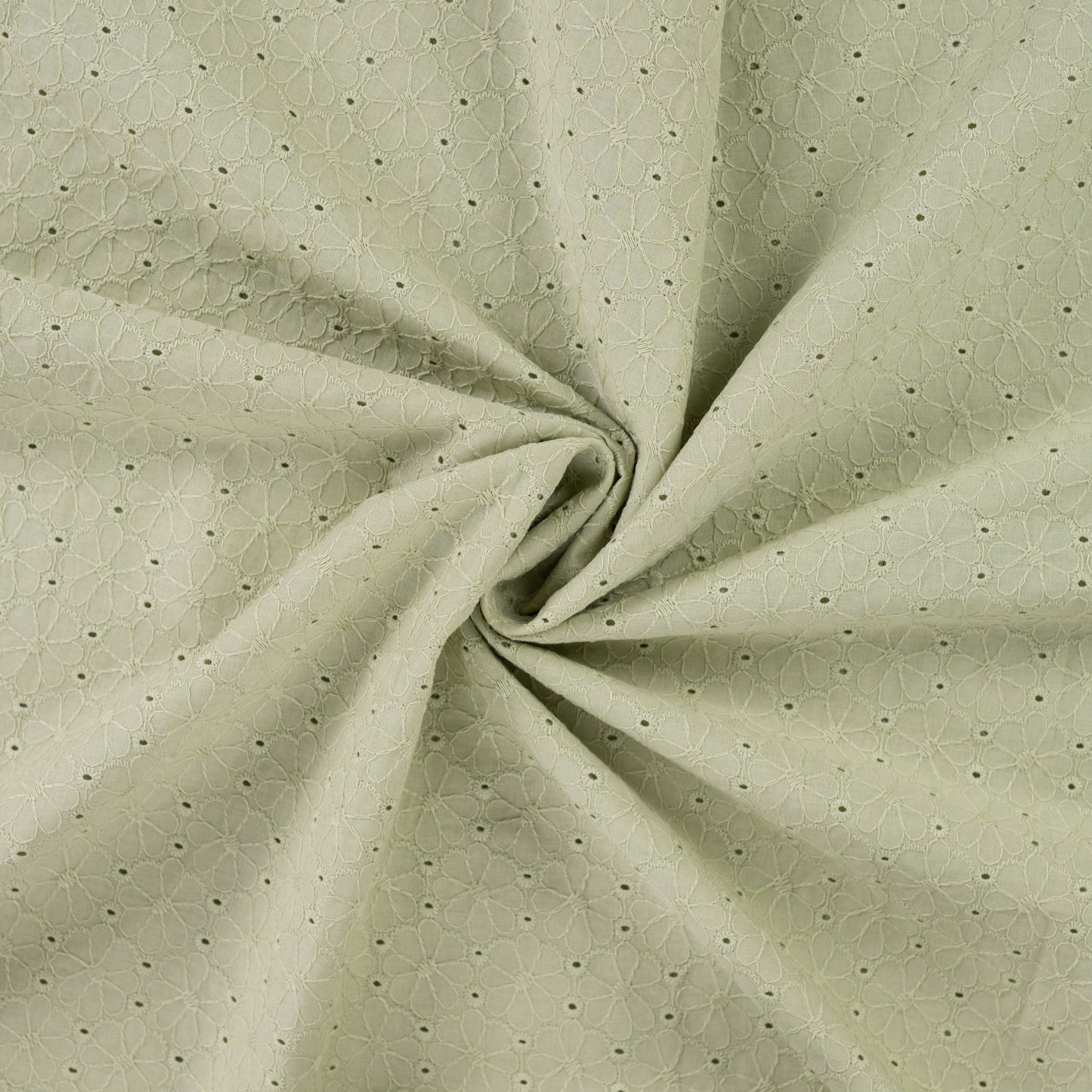 Baumwollstoff mit Floraler Lochstickerei – Grün Broderie Anglaise mit Bogenkante (Meterware)