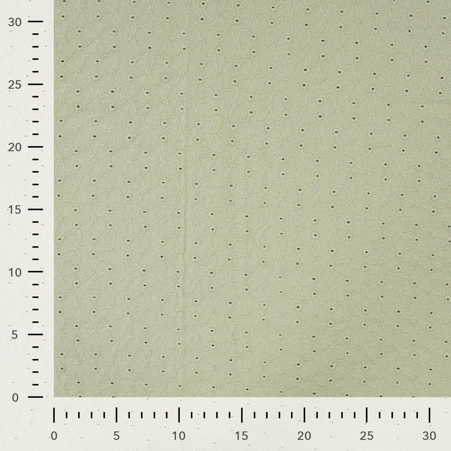 Baumwollstoff mit Floraler Lochstickerei – Grün Broderie Anglaise mit Bogenkante (Meterware)