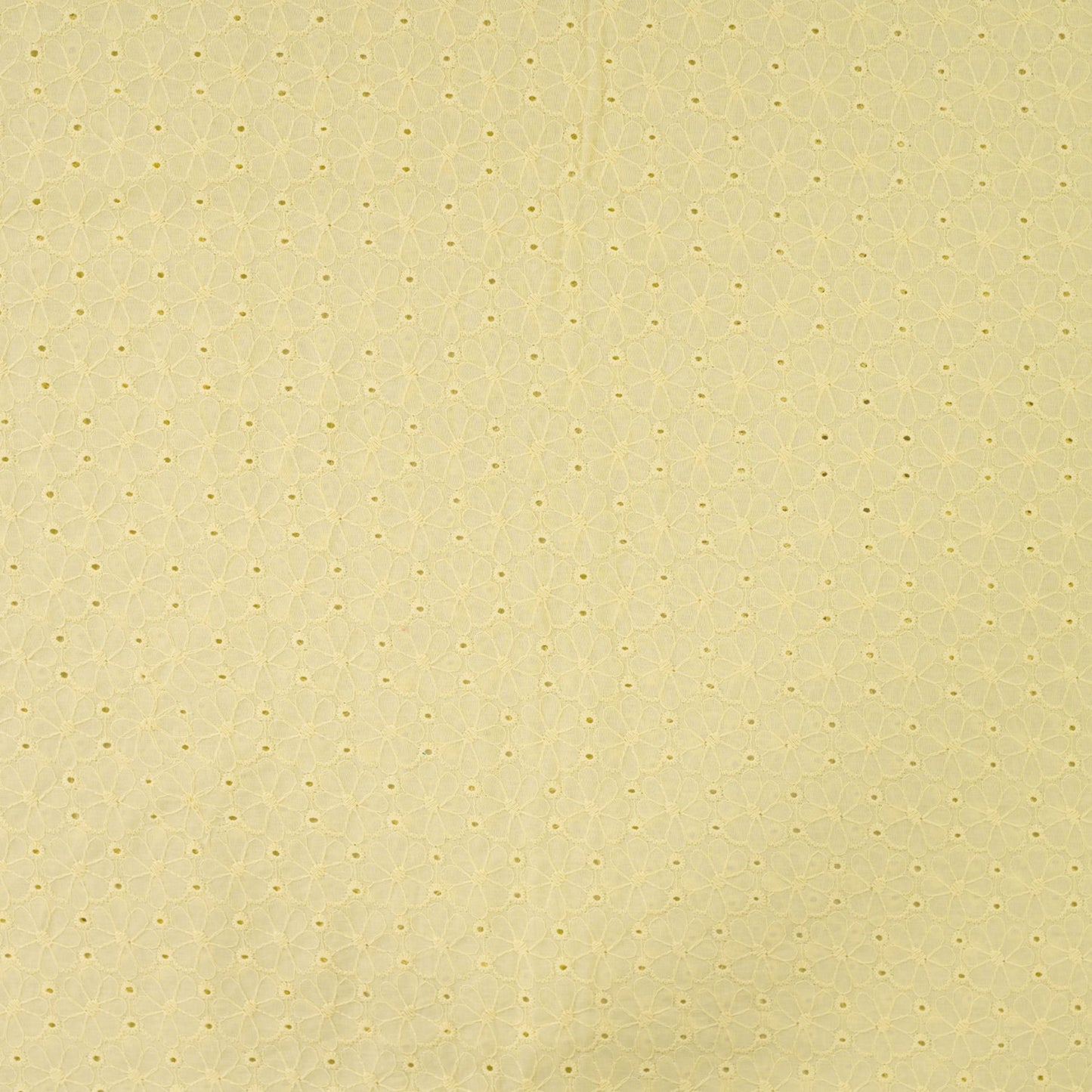 Baumwollstoff mit Floraler Lochstickerei – Zartgelb Broderie Anglaise mit Bogenkante (Meterware)