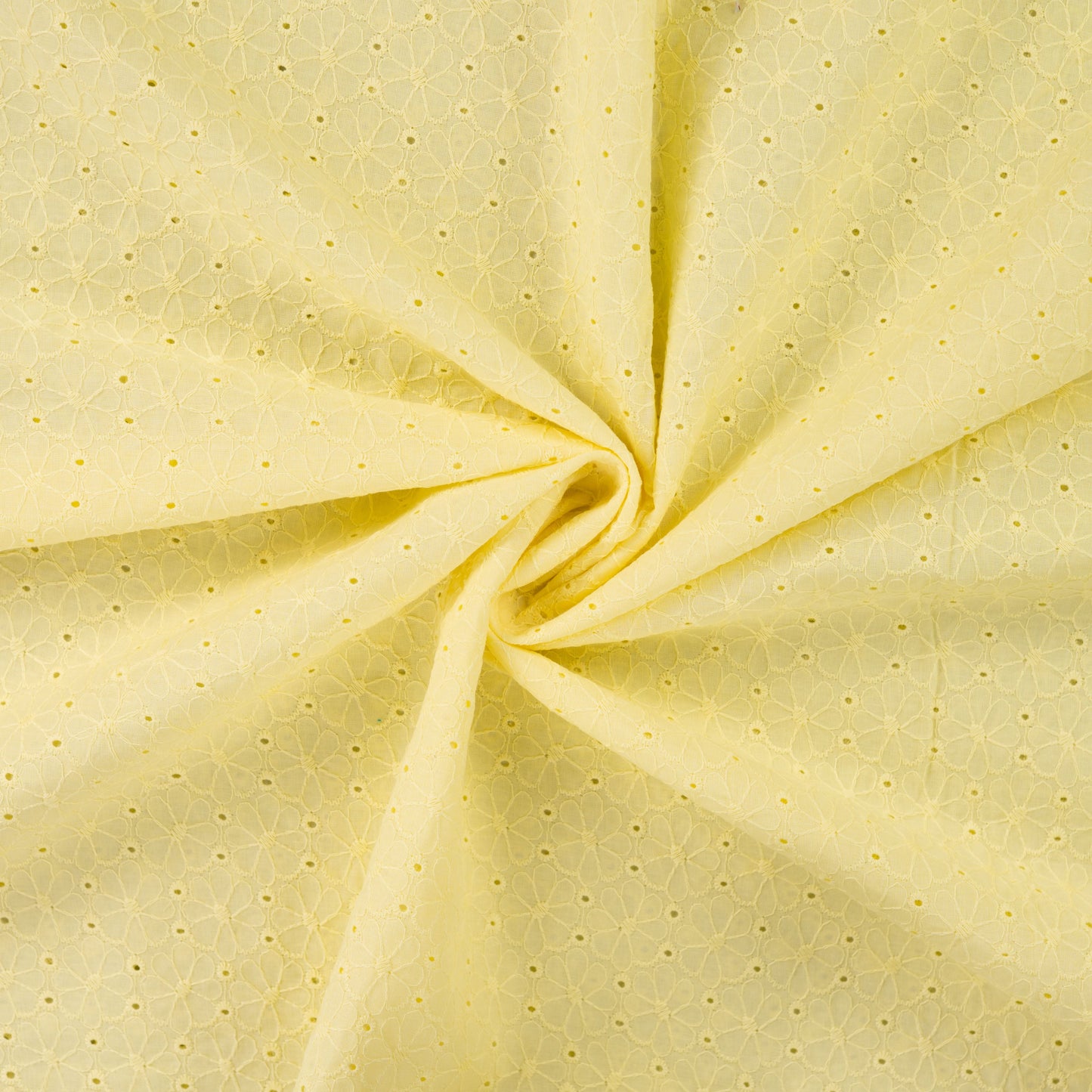 Baumwollstoff mit Floraler Lochstickerei – Zartgelb Broderie Anglaise mit Bogenkante (Meterware)