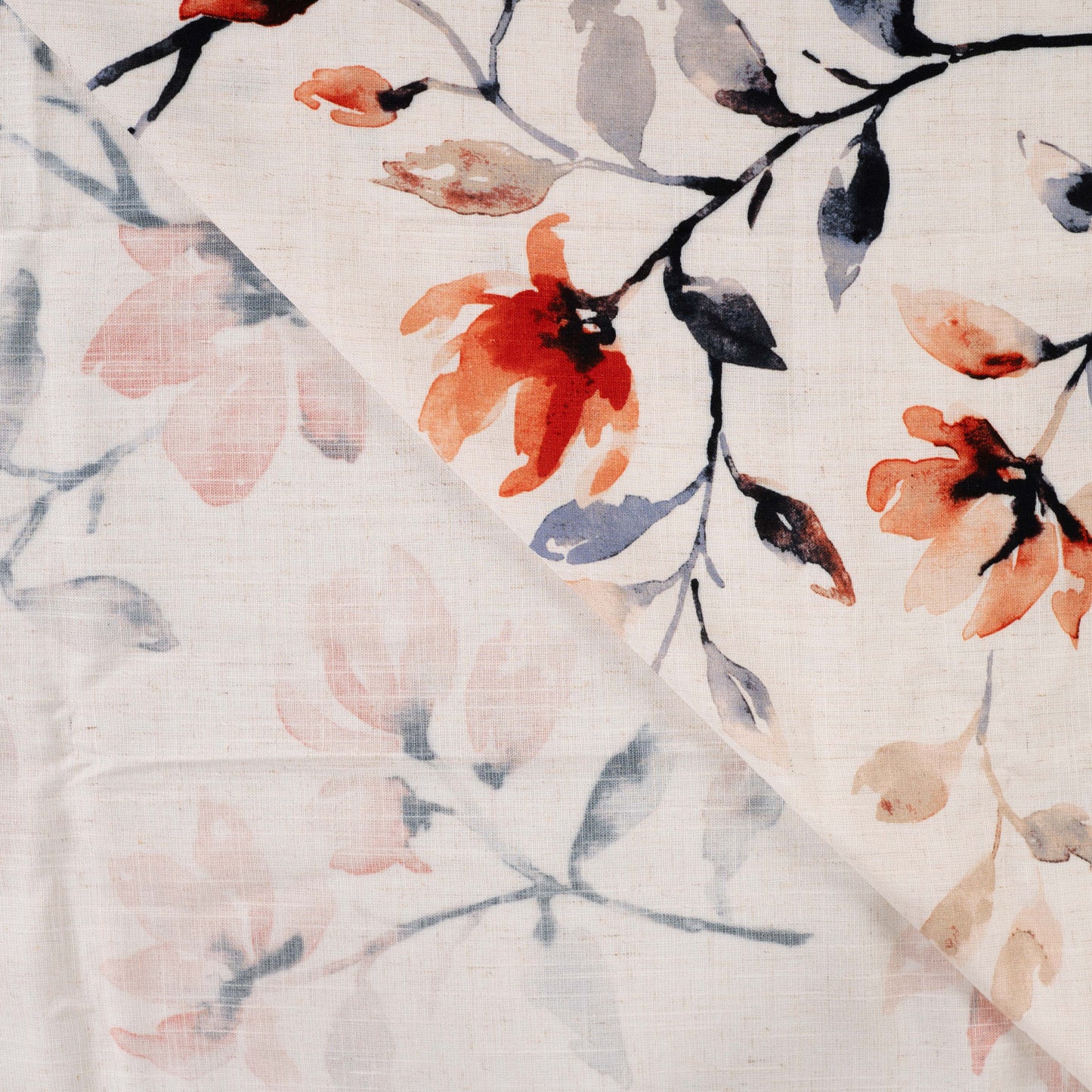 Viskose-Leinen Stoff mit Floralem Blattmuster – Beige mit Herbstfarben (Meterware)