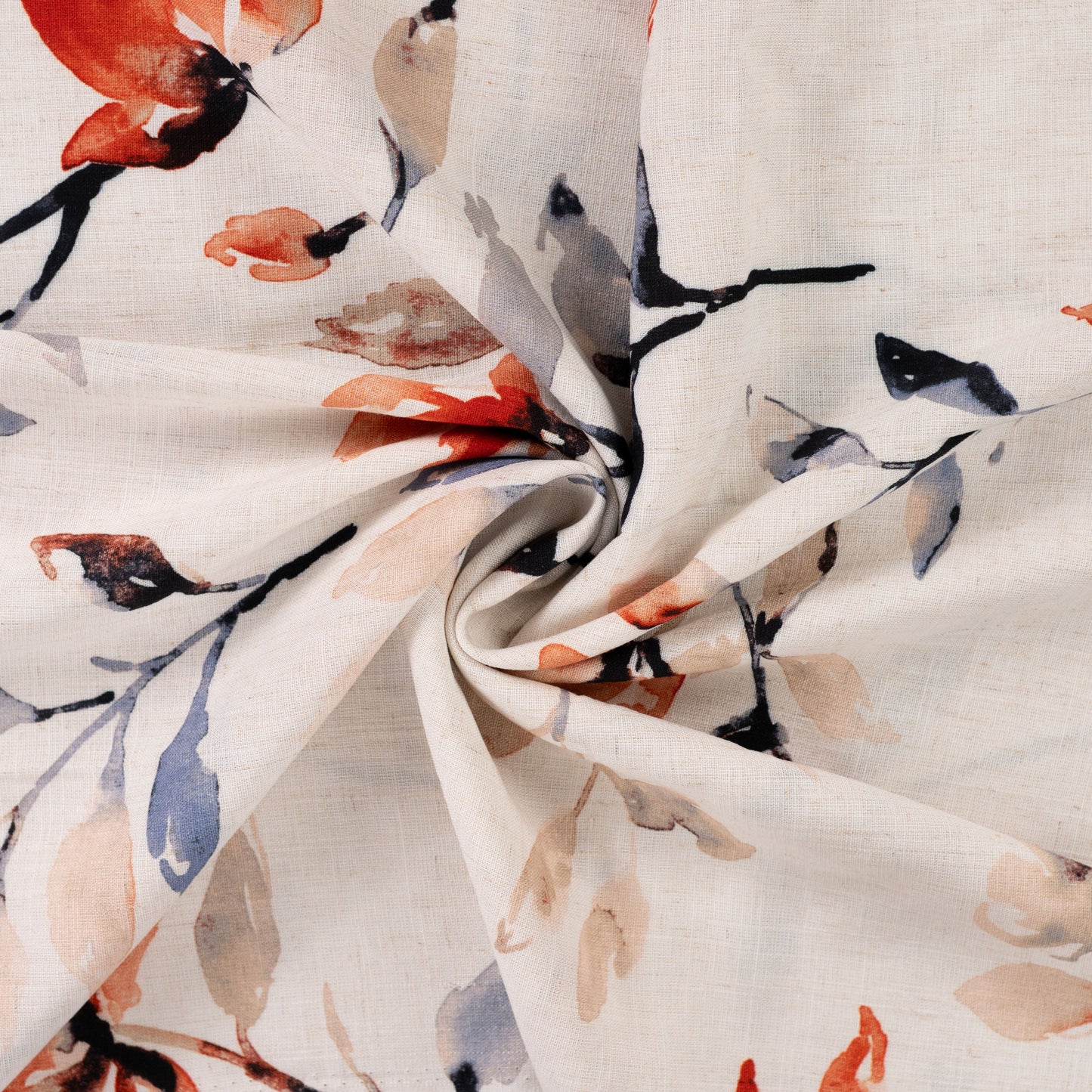 Viskose-Leinen Stoff mit Floralem Blattmuster – Beige mit Herbstfarben (Meterware)
