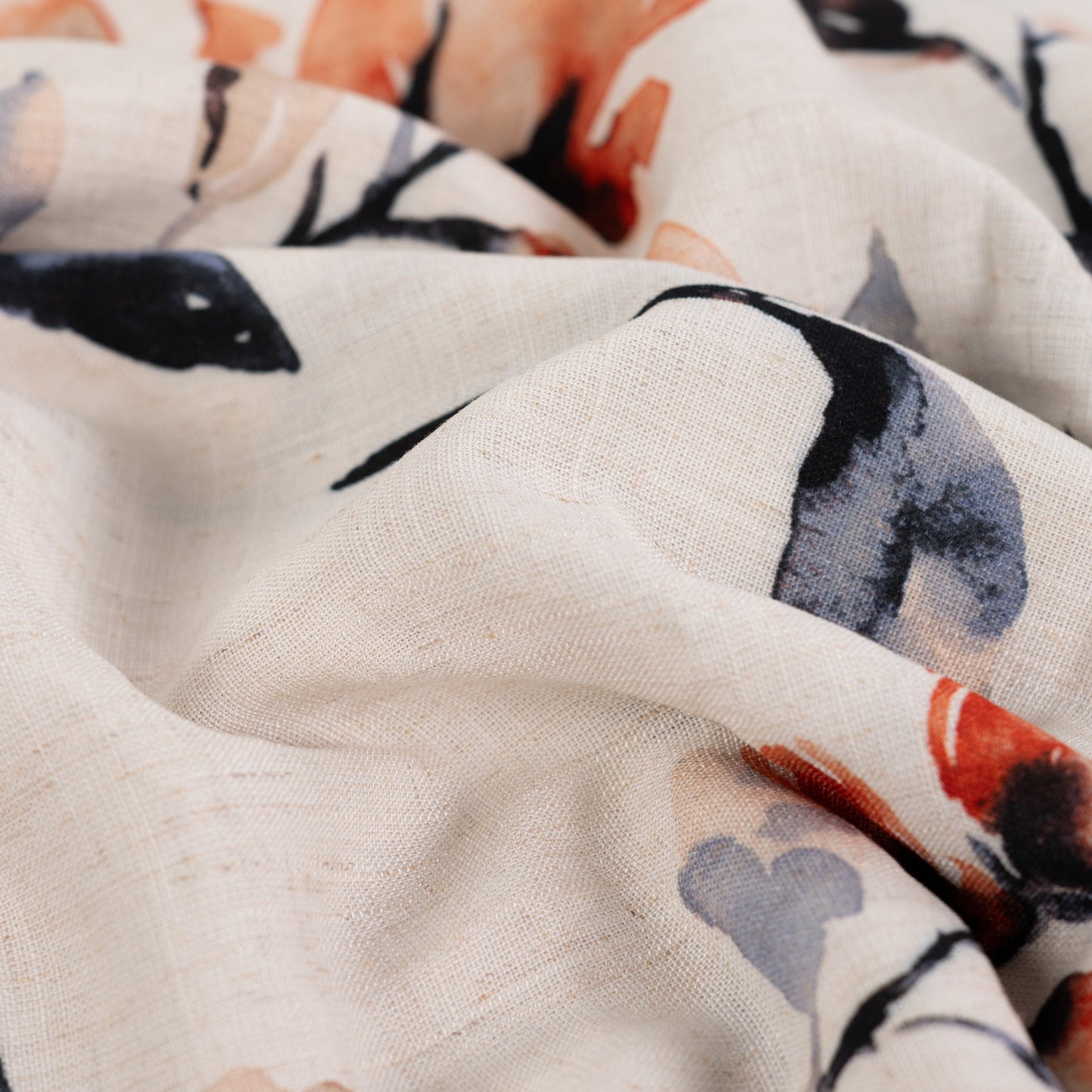 Viskose-Leinen Stoff mit Floralem Blattmuster – Beige mit Herbstfarben (Meterware)